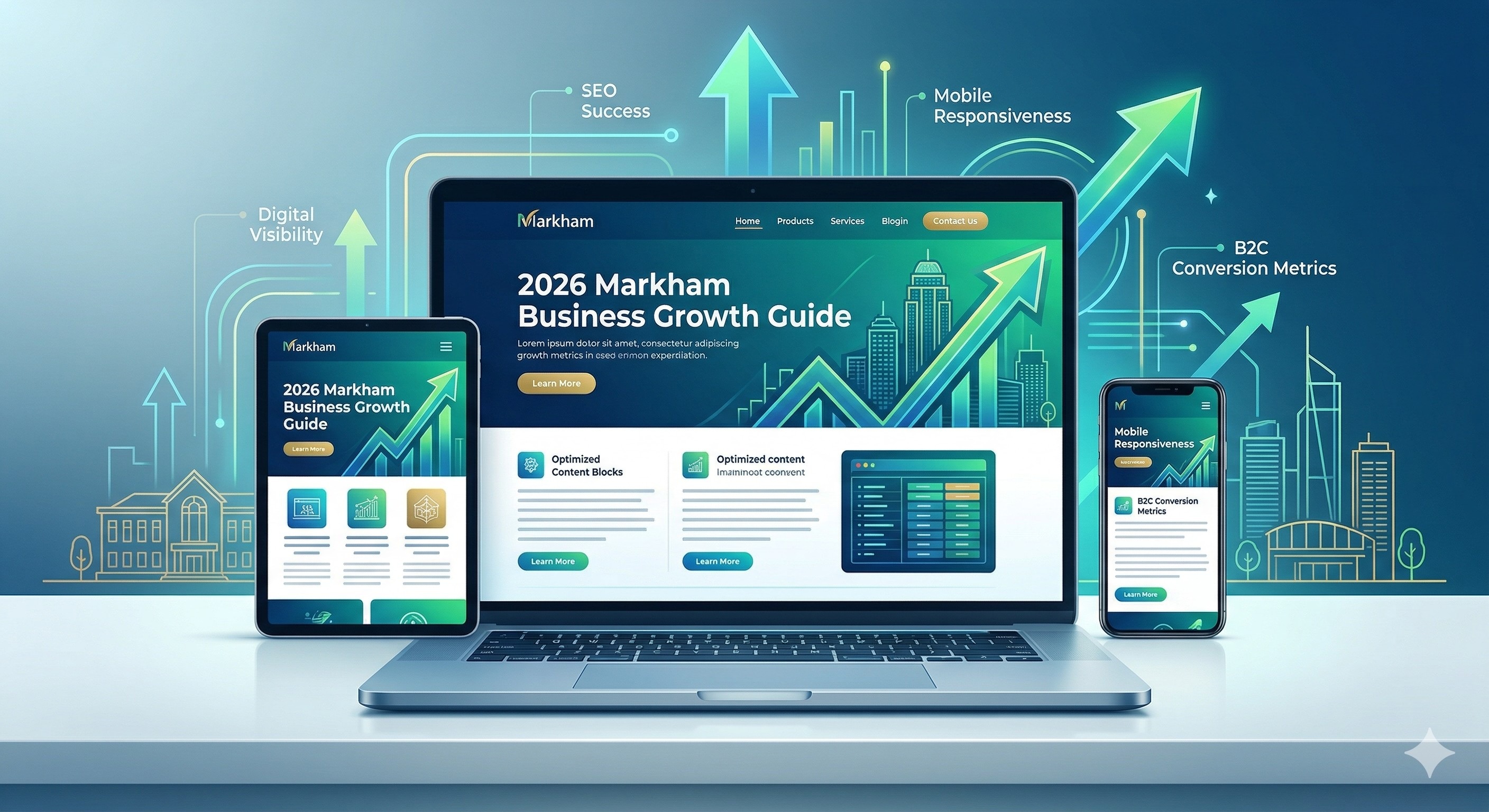 Featured Image: Modern SEO website design displaying growth metrics in Markham.