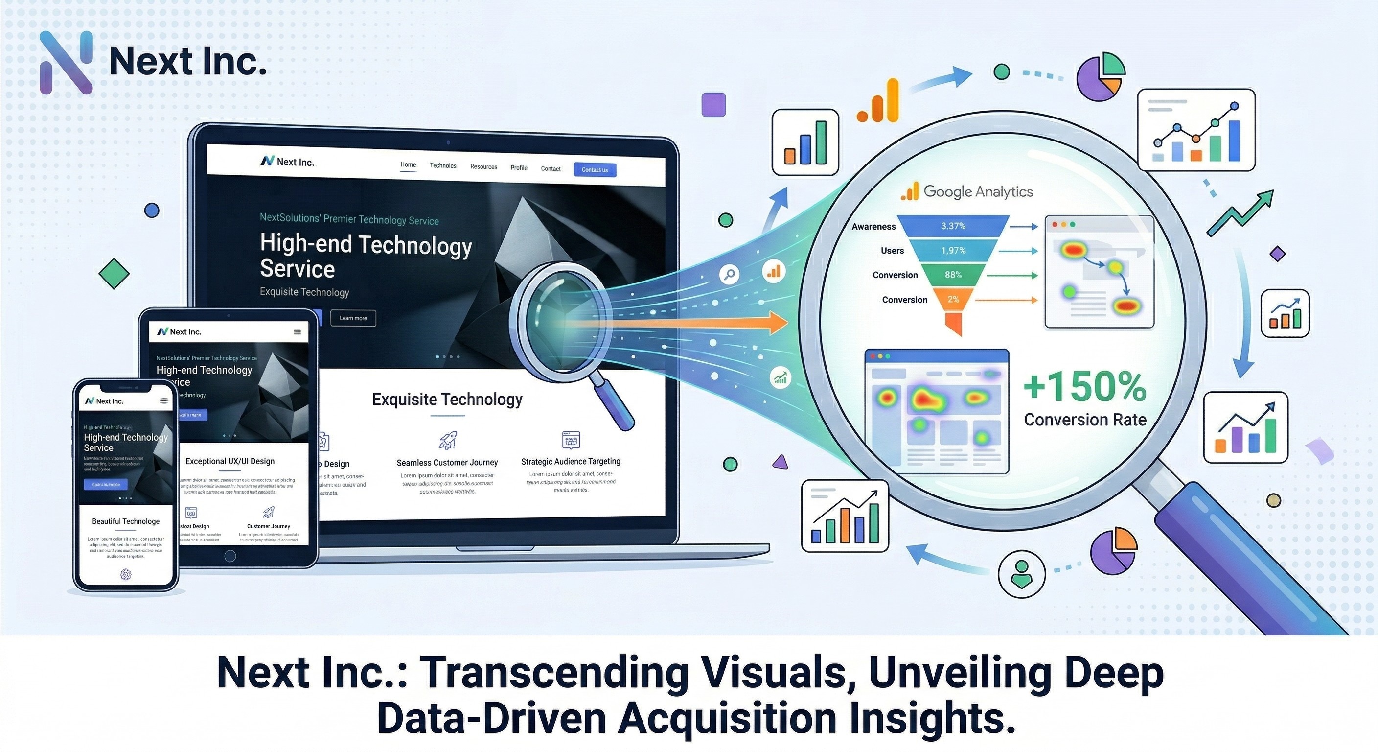 Next Inc. responsive website design displayed on multiple devices with a magnifying glass revealing deep data analytics, heatmaps, and a 150% conversion rate increase.