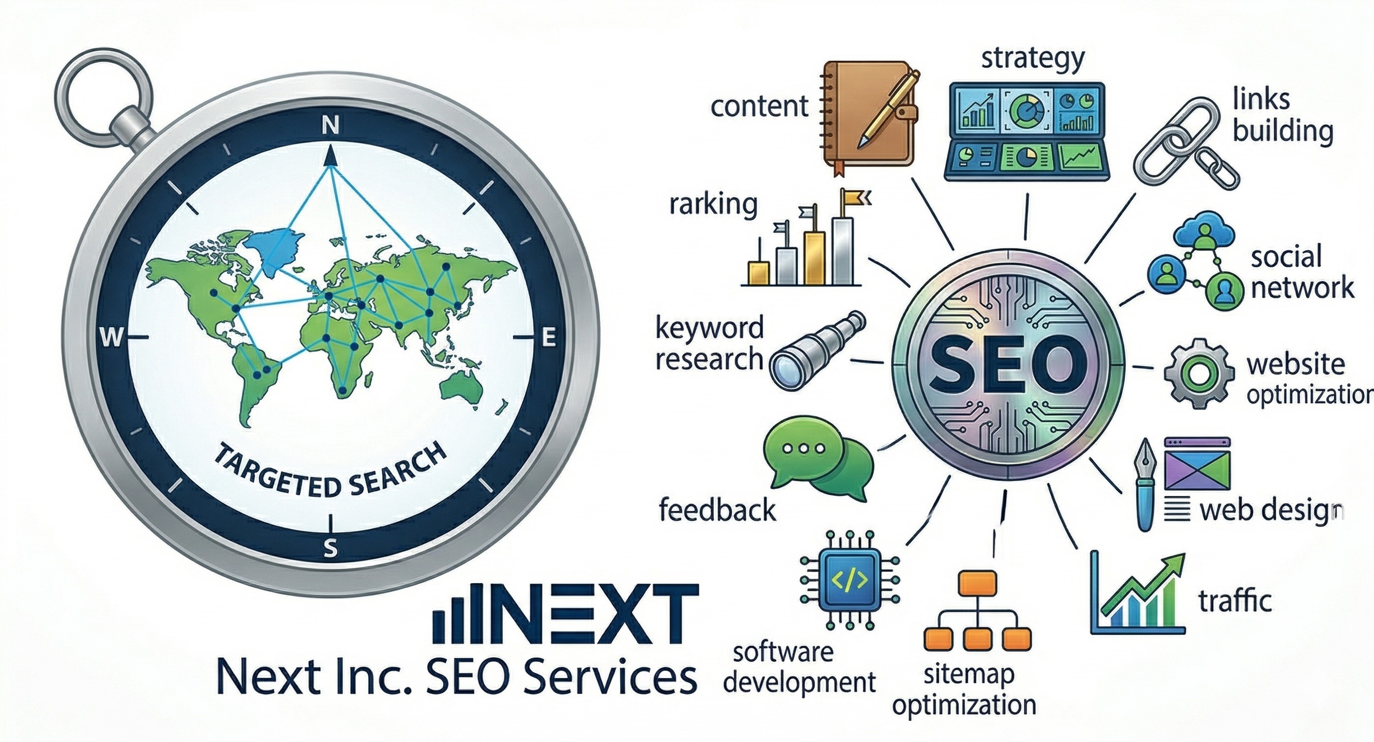 A professional infographic for Next Inc. SEO Services. The design features a modern compass on the left labeled "Targeted Search" with a global network map. On the right, a central SEO hub connects to various digital marketing icons including keyword research, link building, content strategy, and website optimization.