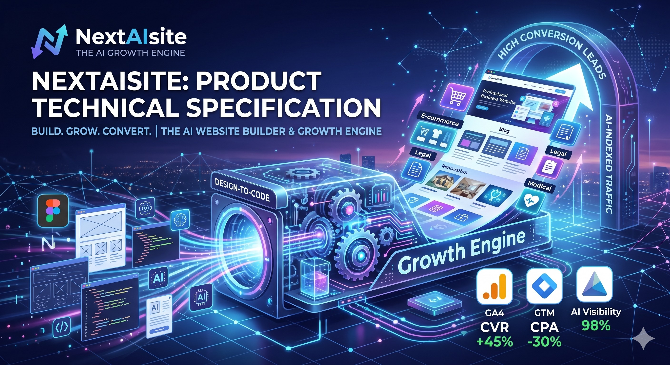 NextAIsite Product Technical Specification cover image illustrating the "Design-to-Code" workflow. A futuristic engine transforms Figma designs and AI data into high-conversion websites for E-commerce, Legal, and Medical industries. The graphic highlights key performance metrics including a 45% CVR increase and 98% AI search visibility, representing the AI Growth Engine ecosystem.