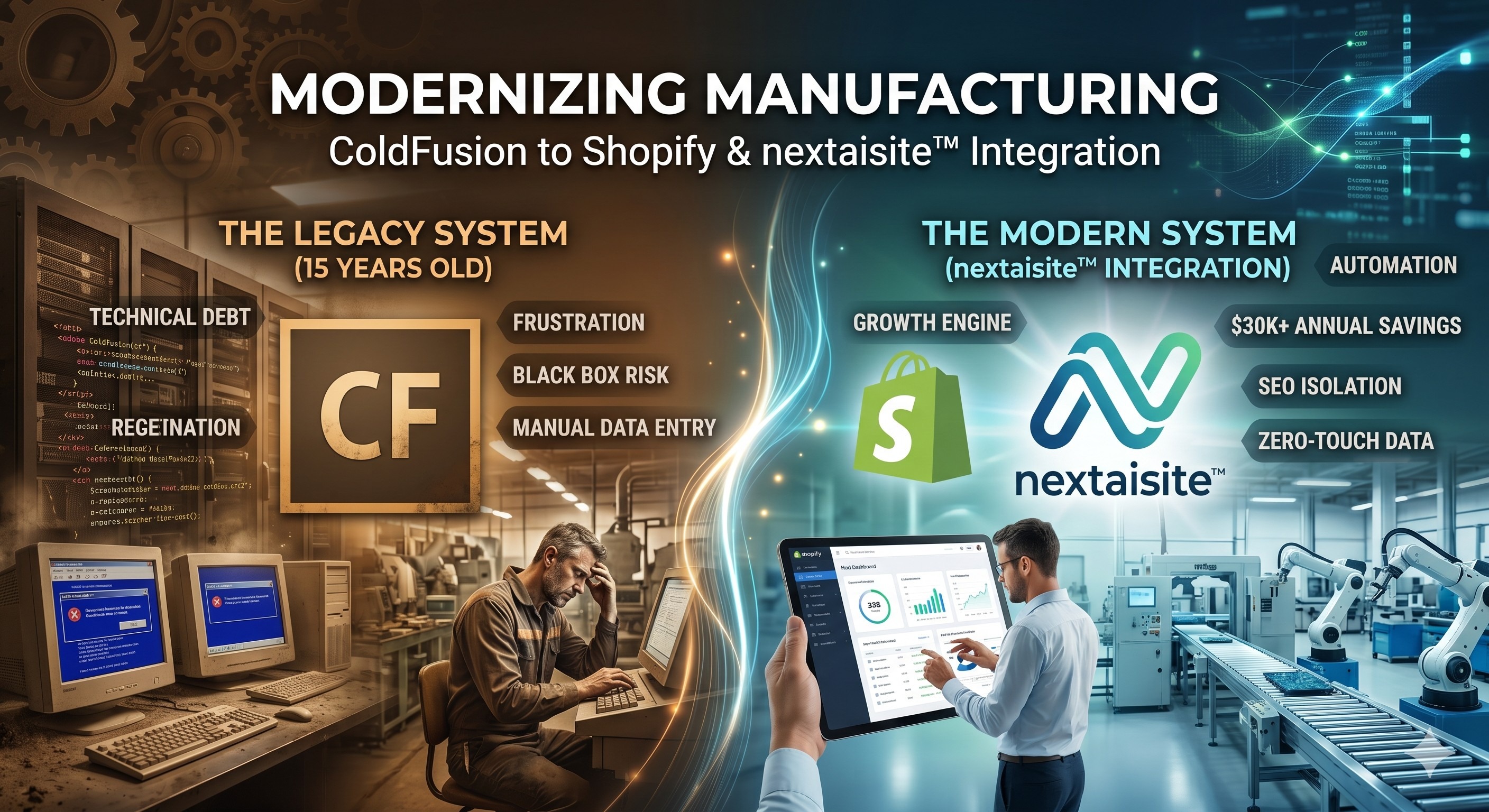 Infographic titled "Modernizing Manufacturing" comparing a dark, legacy ColdFusion system (showing technical debt and manual entry errors) to a bright, modern Shopify and nextaisite™ integration (featuring $30K annual savings, automation, and zero-touch data sync).